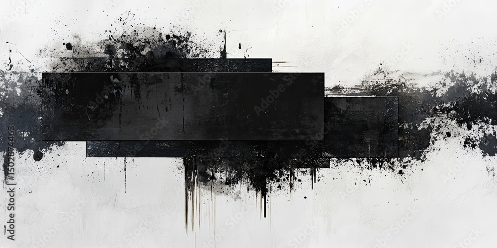 Poster abstract monochrome composition featuring large, layered, dark rectangles on a white background with