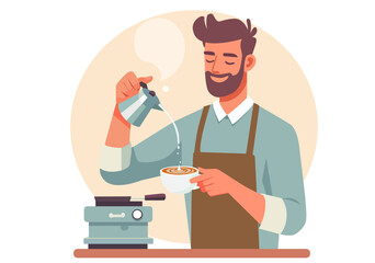 A male barista is brewing fragrant coffee.