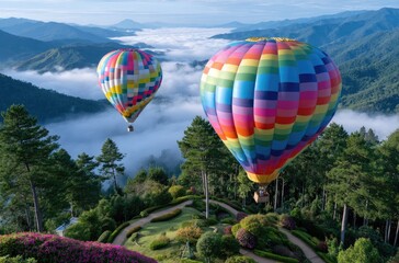 Naklejka premium Colorful hot air balloons floating over the lush greenery