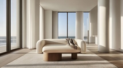 Coastal modern living room with panoramic ocean views.