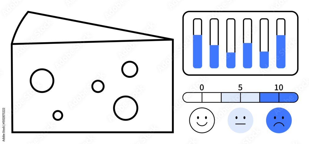 Poster cheese slice with holes alongside rating bars indicating quantity and satisfaction scale with emotic