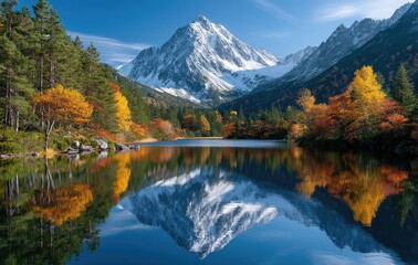 Fototapeta premium A picturesque mountain landscape with vibrant autumn foliage, reflecting in the crystal-clear waters of an alpine lake.