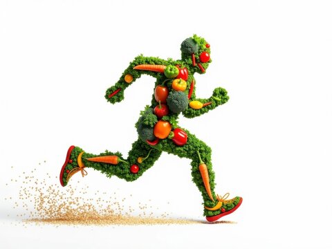 Una figura compuesta de verduras frescas y cereales integrales, que simboliza la resistencia, la aptitud f&iacute;sica y la salud &oacute;ptima sobre un fondo blanco