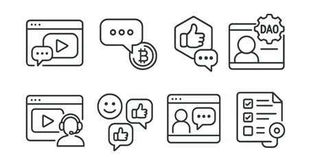 Line style icons of Web3 streaming: chat during decentralized stream, crypto comment tip, NFT-based reaction emoji, DAO-controlled comment moderation, voice chat in live stream, Web3 emoji vote, fan