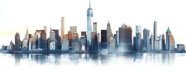 New York City skyline, reflecting in water. Tall buildings, various styles and colors, dense urban landscape, iconic skyscrapers, city lights, morning sun, harbor