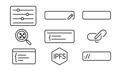 Line style icons of NFT crafting: metadata editor panel, trait name field, attribute value entry, animation link field, image hash input, JSON preview window, IPFS upload badge, content URI field.