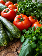 Tomatoes and cucumbers. Fresh vegetables and greens on a rough wooden surface close-up. Vertical arrangement