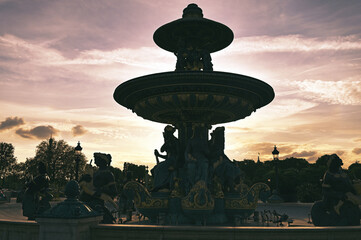 Fountain silhouette at the Place de la Concorde in sunset, Paris, France