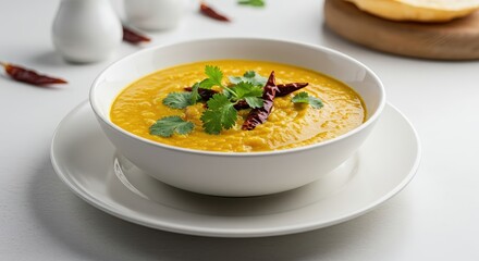 A bowl of dhal curry with red chilies and coriander