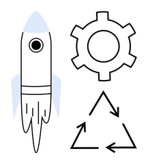 Rocket launching, gear symbolizing process and mechanics, recycling arrows conveying sustainability. Ideal for innovation, technology, environment, circular economy, engineering, process