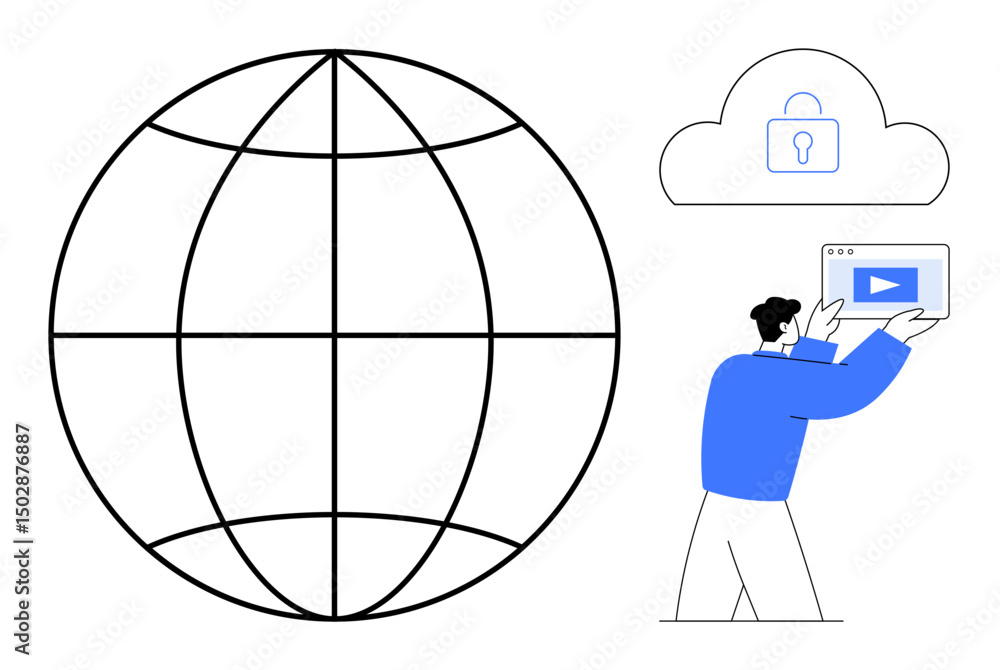 Poster man in blue uploads video via tablet, linked to cloud with lock icon symbolizing data security. worl