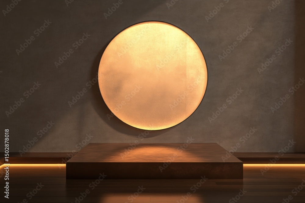 Poster a studio setup with a circular light on the wall and a platform with subtle under lighting effect