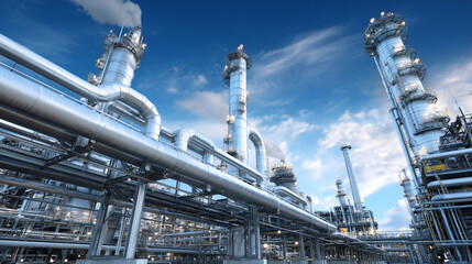 Une raffinerie de pétrole en pleine production, avec des tuyaux et des tubes visibles