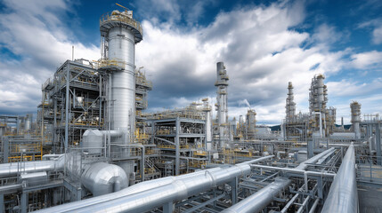 Une raffinerie de p&eacute;trole en pleine production, avec des tuyaux et des tubes visibles