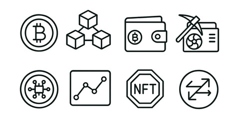 Line style icons of cryptocurrency: bitcoin coin, blockchain icon, crypto wallet, mining rig, digital token, crypto chart, NFT badge, decentralized exchange.