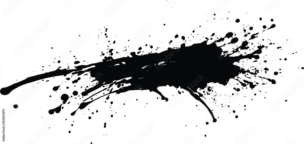 Poster Black ink splatter isolated on transparent background. Vector simple black brush stroke on a clean white background. Abstract black in splash, paint, brush strokes,