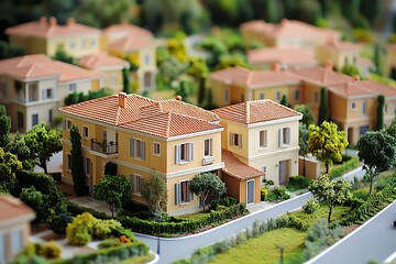 A detailed miniature model of a sunlit co-housing community featuring charming villas and shared green spaces