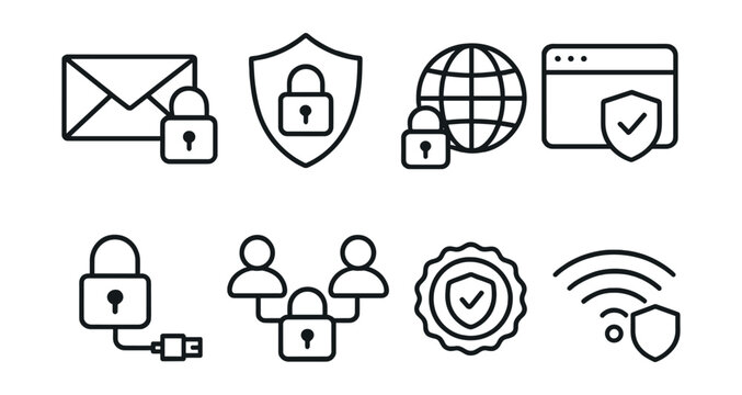 Line style icons of secure connections: encrypted message, VPN shield, safe network symbol, HTTPS icon, lock with network cable, private connection icon, internet safety badge, Wi-Fi with shield.