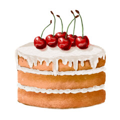 cake with cherry cute Hand drawn illustration on transparent background.