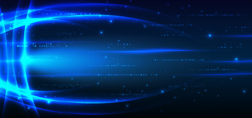 Abstract technology futuristic glowing lines neon blue light ray on dark blue background with square pattern digital element.