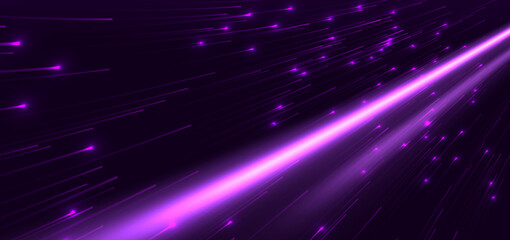 Fototapeta premium Elegant glowing purple lighting effect lines horizontal on dark purple background. Hi-speed night motion.