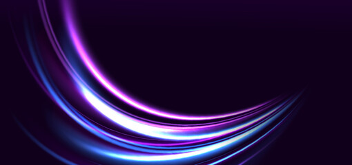 Elegant glowing purple and blue curved rays on dark purple background.