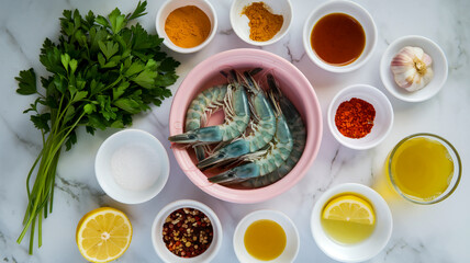 A collection of ingredients and condiments arranged on a white marble surface.