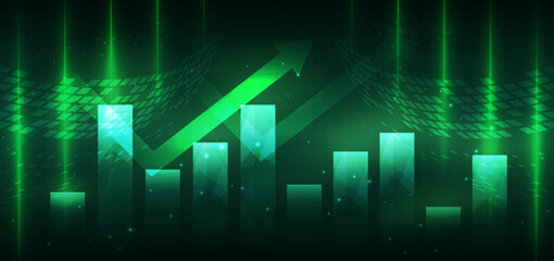 Arrow up finance chart stock market growth glowing light effect on dark green background. Business investment concept.