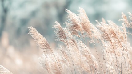 Fototapeta premium Pampas grass swaying in soft pastel hues, a dreamy boho landscape of serene natural beauty