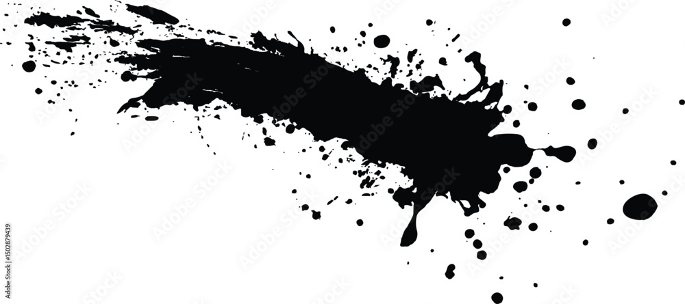 Poster Black ink splatter isolated on transparent background. Vector simple black brush stroke on a clean white background. Abstract black in splash, paint, brush strokes,