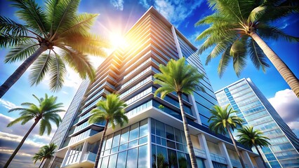 Fototapeta premium Modern luxury highrise building in tropical paradise setting with palm trees and sunny sky