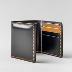Black leather wallet open with credit cards and cash