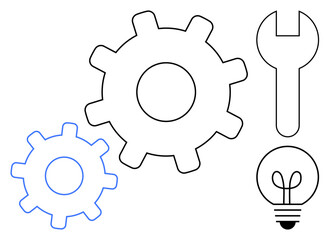 Gears, wrench, and light bulb symbolizing collaboration, mechanical work, repair, creativity, and innovation. Ideal for engineering, teamwork solutions technology maintenance problem-solving