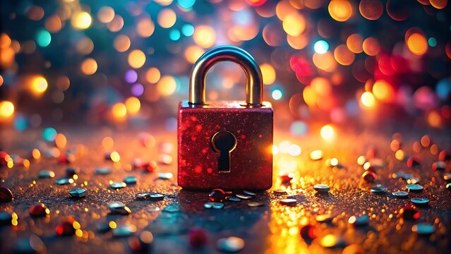 Red padlock on glittering surface with festive bokeh lights background