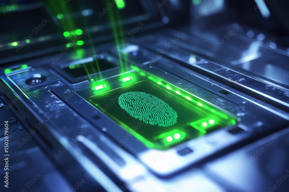 Poster a close up of a fingerprint scanner with green light emitting from the scanning surface and around i