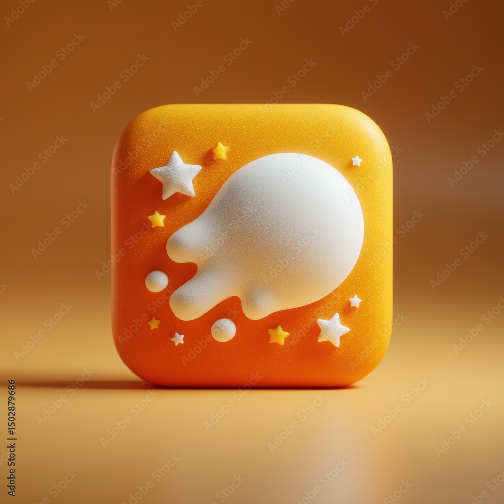Poster 3d rendering colorful abstract icon featuring a ghost-like shape and stars on a vibrant orange backg