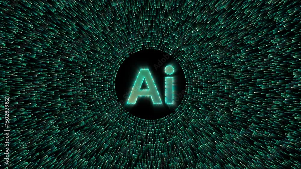 Poster futuristic ai glowing text with digital particle ring animation