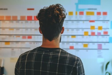 Man with curly hair looking at a wall chart with colorful blocks in an office environment space