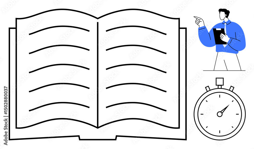 Poster open book with lines, stopwatch for timing, and formal man pointing while holding notebook. ideal fo