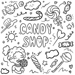 Candies doodle set. desserts in sketch style. Hand drawn vector illustration isolated on white background
