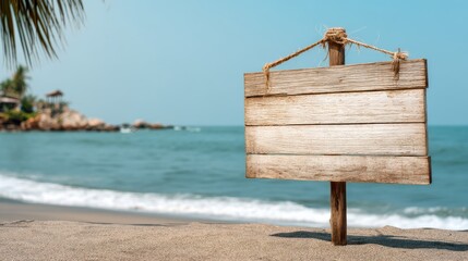 Ultra quality image of simple wooden sign board for copy space with beach background.
