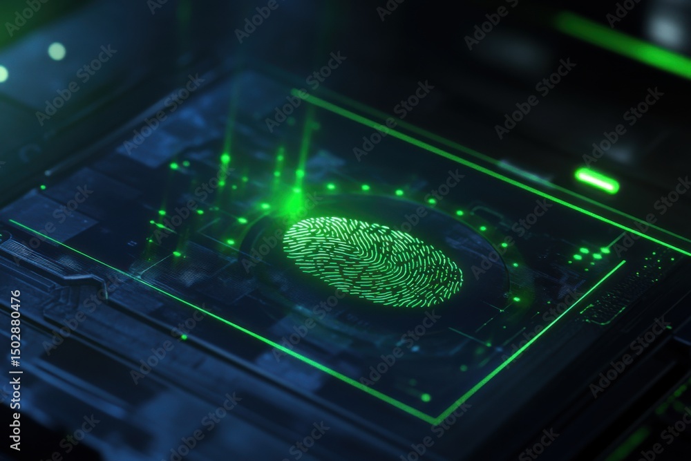 Poster glowing green fingerprint on a digital interface with neon lines and illuminated dots on a dark surf