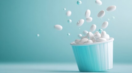 An eye-catching image features white candies bouncing out of a blue cup, accentuated by a smooth blue background that conveys joy and playfulness in a delightful manner.