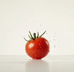 Single, ripe tomato with water droplets, studio shot.  Fresh, vibrant red tomato with green stem,  water splashing around it on a white surface