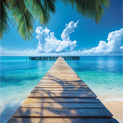 Long pier reaching over tropical water and white sand high resolution picture