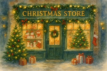 A watercolor painting of a christmas store front with christmas trees and gifts in the snow outside