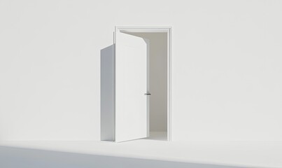 A minimalist, open white door against a white wall.  Simple, clean design.  A pathway to opportunity and new beginnings