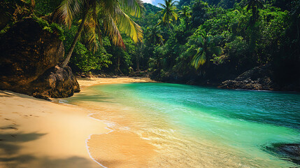 Lush tropical plants surrounding peaceful beach and lagoon high resolution picture