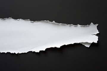 Ripped white paper strip on black background.  Detailed view of irregular edges and creases, showcasing the texture of the paper