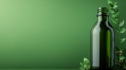 A sleek green glass bottle accompanied by vibrant foliage against a harmonious green backdrop, ideal for promoting natural and eco-friendly products in an attractive way.